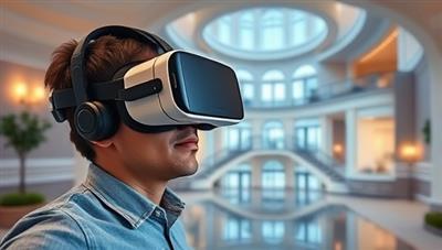 An individual wearing a VR headset exploring a virtual property tour, immersed in a lifelike representation of a luxurious home with interactive features, showcasing the future of property viewing technology.