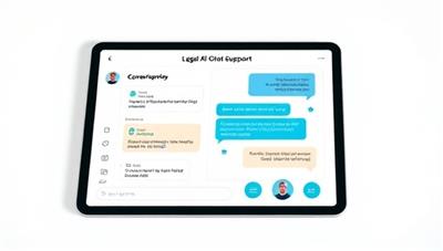 An interactive and user-friendly legal AI chat support interface displayed on a tablet screen, with legal icons and chat bubbles representing AI-powered legal conversations, conveying efficiency and innovation in legal support services.