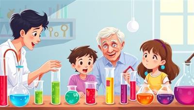An engaging illustration of a family conducting a science experiment together at home, surrounded by test tubes, beakers, and colorful liquids, with expressions of wonder and excitement, capturing the essence of hands-on learning and scientific exploration with ScienceLab-in-a-Box.