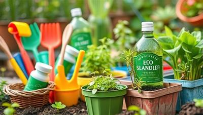 A vibrant digital garden scene with colorful eco-friendly tools, sustainable living products, and green plants growing in recycled containers, symbolizing growth, sustainability, and community collaboration within the EcoEcho Workshops platform.