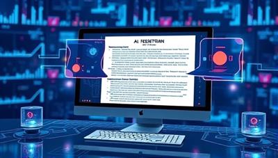An illustration of a futuristic AI system scanning legal documents on a computer screen, with digital data flowing and highlighting key sections, showcasing the efficiency and precision of the technology.