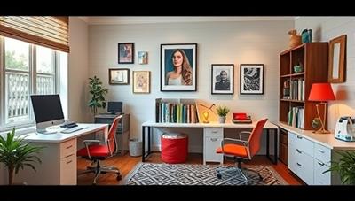 An image displaying a beautifully designed home office space, featuring ergonomic furniture, vibrant decor, and personalized touches, creating a productive and inspiring work environment, reflecting the essence of WorkSpace Wizardry's design consultations.
