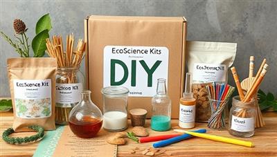 An eco-friendly DIY science experiment kit displayed with natural materials, recyclable packaging, and colorful tools, reflecting the sustainability and educational essence of EcoScience Kits.