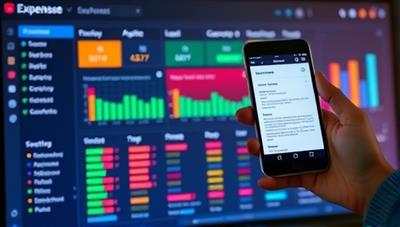 A colorful digital dashboard displaying various expense categories and a smartphone scanning a receipt, symbolizing efficiency and modernity.