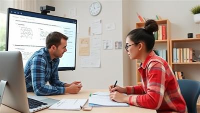 An interactive virtual tutoring session scene with a tutor assisting a student through a challenging academic problem using a digital whiteboard and educational resources, demonstrating effective teaching methods and personalized academic support in a virtual learning environment.