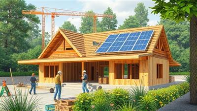 An artistic rendering of a construction site with workers using sustainable materials like recycled wood and solar panels, surrounded by lush greenery, conveying the concept of eco-friendly building practices.