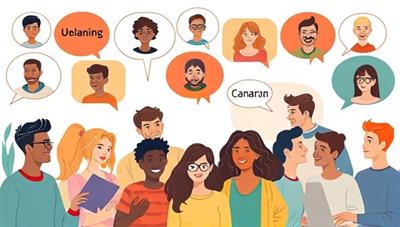 An illustration of diverse individuals engaging in virtual language exchange sessions, with speech bubbles showcasing different languages being practiced, creating a vibrant and inclusive language learning community atmosphere.