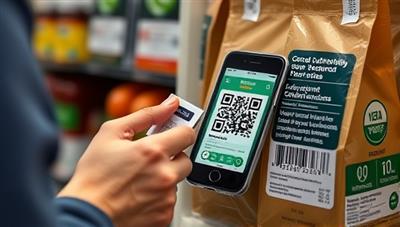 A product authentication scene featuring a consumer scanning a QR code on a product package with a smartphone, instantly accessing detailed information on the product's origins, certifications, and sustainability practices, symbolizing the transparency and trust enabled by Transpactify's blockchain platform.