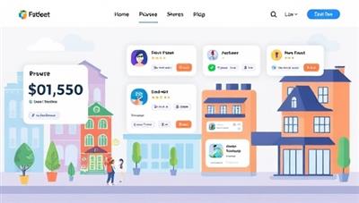 An illustration of a digital marketplace showcasing various real estate investment opportunities with interactive features for browsing, selecting shares, and tracking investment performance, emphasizing accessibility and diversification in real estate investing.