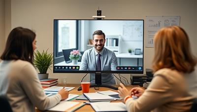 A virtual meeting setup with a financial advisor consulting a client through a video call, surrounded by financial documents and digital tools, emphasizing convenience and personalized service in remote financial advisory.