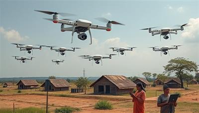 An image showing a fleet of drones equipped with communication devices flying over a remote village, establishing a network connection, with residents using smartphones and laptops to access the internet, symbolizing the transformative impact of SkyLink Connect on connectivity in remote areas.