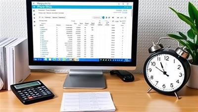 An office desk setup with a computer screen displaying the PayrollPro software interface, payroll reports neatly organized, a calculator, and a clock symbolizing efficiency and time savings in payroll management.