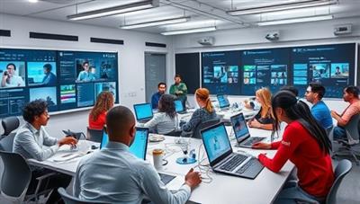A dynamic digital classroom setting with diverse participants engaging in hands-on projects, interacting with virtual instructors, and exchanging knowledge in a futuristic learning environment, symbolizing growth and innovation in skill development.