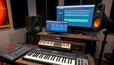 A virtual music studio setup with professional audio equipment, MIDI controllers, and a computer displaying music production software, creating an immersive and creative environment for online music production workshops.