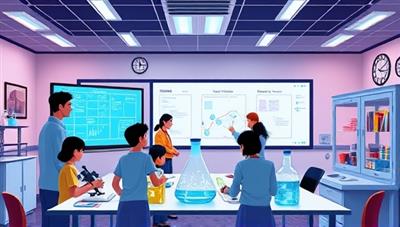 An engaging digital illustration of a virtual STEM classroom environment, featuring an interactive whiteboard, scientific equipment, and enthusiastic students and tutors collaborating on a challenging STEM project, highlighting dynamic learning experiences.