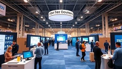 An immersive virtual job fair environment showcasing a bustling virtual expo hall with interactive booths, live chat features, and engaging presentations, conveying the platform's dynamic and inclusive nature.