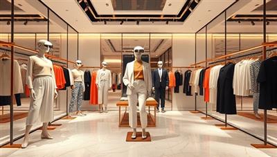 An elegant virtual fashion showroom setting with digital mannequins showcasing the latest clothing collections, users interacting with virtual garments, and a seamless checkout process, blending the boundaries between real-life fashion and virtual reality in StyleScape VR's immersive environment.