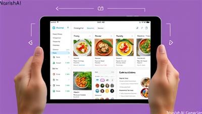 An AI interface displaying a personalized meal plan on a digital tablet, with vibrant and healthy meal options showcased, alongside a grocery list and cooking instructions, illustrating the user-friendly and customized meal planning service of NourishAI Planner.
