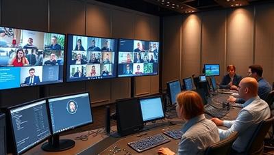 A professional virtual event setup with multiple screens displaying a virtual conference, a tech control panel, and a team coordinating behind the scenes, conveying efficiency and expertise in virtual event management.