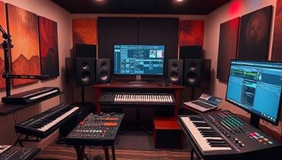 An immersive virtual studio setup with music production equipment, MIDI controllers, and studio monitors, showcasing a creative and collaborative environment for music production workshops offered by SoundCrafters, emphasizing innovation and artistic expression in music creation.