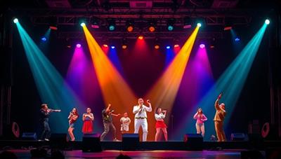 A dynamic digital stage set-up with colorful spotlights illuminating a variety of performers in different art forms, capturing the essence of creativity and diversity in talent.