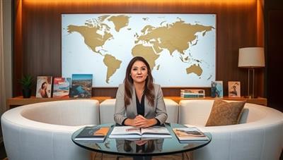 An elegant and sophisticated consultation setup with a professional travel advisor virtually assisting clients, surrounded by travel brochures, destination guides, and a world map, embodying the expertise and personalized service of Voyage Virtuoso in crafting bespoke travel experiences.