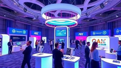 An innovative virtual event setup displaying a 3D interactive virtual conference hall with digital booths, engaging presentations, and animated avatars networking, illustrating the immersive and dynamic nature of our virtual event solutions.