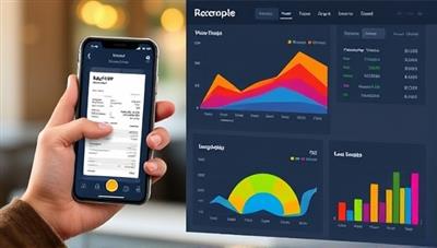 An engaging mobile interface displaying a user effortlessly scanning a receipt with the app, while colorful graphs and charts visualize expense categories in a user-friendly and intuitive manner.