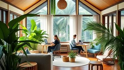 A serene and inspirational co-working space within a remote work retreat, featuring professionals working on laptops surrounded by lush greenery, natural light, and calming décor, capturing the essence of productivity and relaxation at Work Wander Haven.