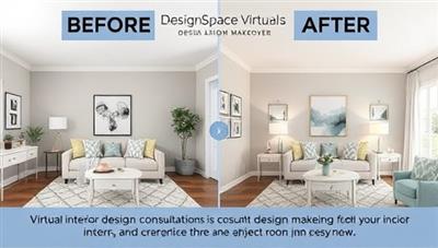 An artistic visualization of a virtual room makeover with before and after images, showcasing the transformation of a living space through virtual interior design consultations, highlighting the impact of DesignSpace Virtual's design expertise and creativity.