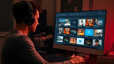 An engaging visual of a filmmaker editing a video with headphones on, browsing through a digital library of music tracks on a computer screen, emphasizing the ease and convenience of finding the perfect soundtrack online.