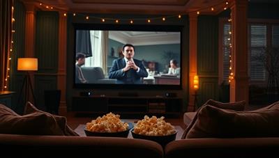An atmospheric movie night setup with a cozy living room scene, including a big screen showing a classic film, bowls of popcorn, fairy lights, and a comfortable sofa, evoking a sense of nostalgia and relaxation.