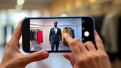 An AR-enabled smartphone displaying a virtual try-on experience for a fashion brand, with the user interacting with virtual clothing items and accessories, showcasing the innovative and engaging nature of AR AdVentures' interactive ads.