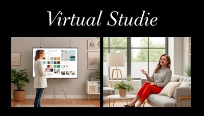 A stylish virtual design studio with an interior designer presenting mood boards and color palettes on a digital screen, a cozy corner setup with design samples and swatches, and a happy client virtually exploring design options, conveying elegance and creativity in home styling.