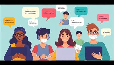 A vibrant digital illustration showcasing diverse individuals engaging in virtual language tutoring sessions, with speech bubbles in different languages, representing a dynamic and inclusive learning environment.