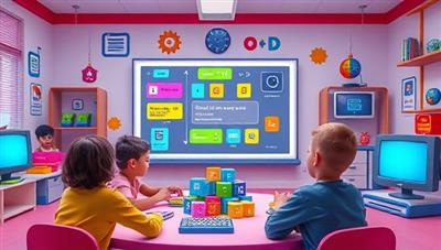 A colorful and playful coding class setting with young students interacting with coding blocks on a digital screen, guided by an enthusiastic instructor in a virtual classroom filled with tech-themed decorations, fostering a fun and educational coding environment for kids.