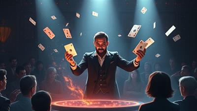 A mystical digital illustration featuring a magician performing a spellbinding trick with floating cards and shimmering lights, surrounded by a virtual audience of amazed spectators, capturing the enchantment and wonder of the magic masterclasses at Enigma Academy.