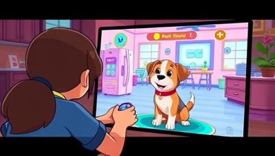 An animated scene showing a pet owner playing a virtual game with their pet, both characters engaging in a fun and interactive activity within a colorful and playful virtual environment, capturing the joy and connection of the PetPlay Connect experience.