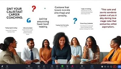 A virtual career coaching session with a diverse group of professionals discussing career goals and aspirations, surrounded by motivational quotes, job search resources, and inspirational visuals, creating a supportive and transformative environment for career exploration and growth.