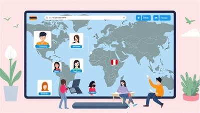 An online language exchange platform interface showcasing virtual chat rooms, language learning resources, and cultural exchange activities, creating a dynamic and interactive environment for users to practice languages and connect with global communities.