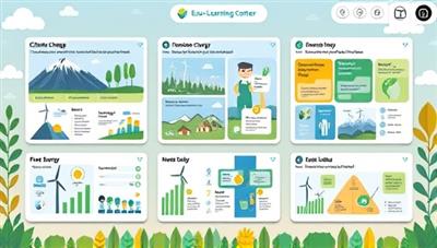 A virtual eco-learning center with interactive modules on climate change, renewable energy, and sustainable living practices, featuring engaging visuals, infographics, and interactive quizzes to educate and inspire environmental stewardship.