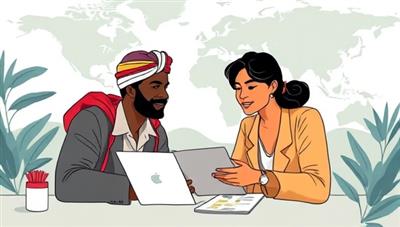 An artistic depiction of diverse niche customers (digital nomads, expatriates, cryptocurrency investors) receiving personalized tax advice from TaxCrafters experts, highlighting the tailored and specialized nature of the service.