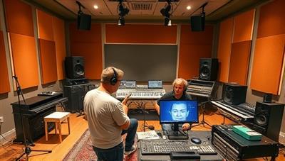 A virtual music studio setup with a mentor guiding a musician through a recording session, surrounded by musical instruments, sound equipment, and digital interfaces, capturing the essence of collaborative learning and creative mentorship in a digital space.