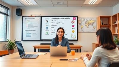 A virtual language classroom setting with a language coach conducting an interactive online lesson, using digital whiteboards, language learning apps, and cultural props to create a dynamic and engaging learning experience, promoting language proficiency and cross-cultural communication.