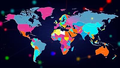 A vibrant virtual world map with interconnected lines representing different languages, symbolizing global communication and cultural exchange.