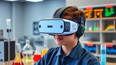 A student wearing virtual reality goggles, immersed in a virtual science lab setting with lab equipment, beakers, test tubes, and digital data displays, demonstrating the immersive and interactive nature of LabSim Pro's simulation software.