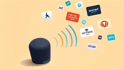 An illustration of a smart speaker emitting sound waves with various branded audio ads floating around, symbolizing the immersive and interactive nature of voice-activated advertising through EchoAd Waves.