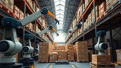 A futuristic warehouse scene with robotic arms swiftly sorting and categorizing incoming goods with precision and efficiency, illustrating the seamless integration of robotic technology in warehouse operations by SortBotics.