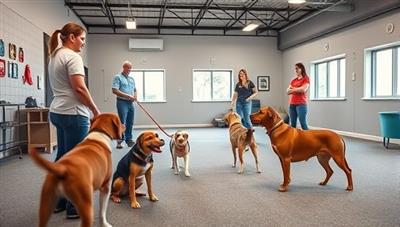 A dynamic training session in a bright and engaging training center, with a skilled trainer leading a group of attentive dogs through obedience exercises, surrounded by positive reinforcement tools and enthusiastic pet owners, illustrating the productive and collaborative environment of Paws & Progress.