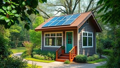 A picturesque scene of a cozy, off-grid tiny home surrounded by lush greenery, solar panels on the roof, and large windows welcoming natural light, showcasing a harmonious blend of nature and modern living.